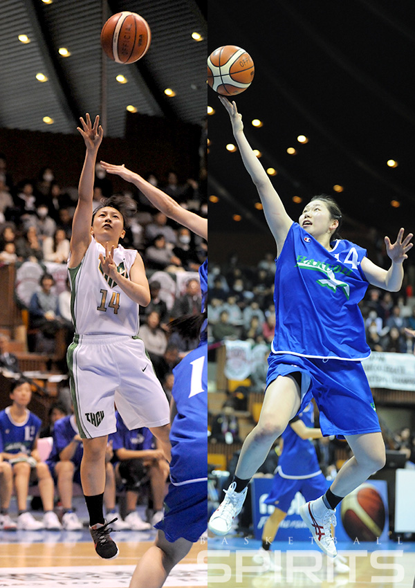 （左）東京医療保健大学#14岡田 英里選手、（右）白鴎大学#14佐坂 樹選手